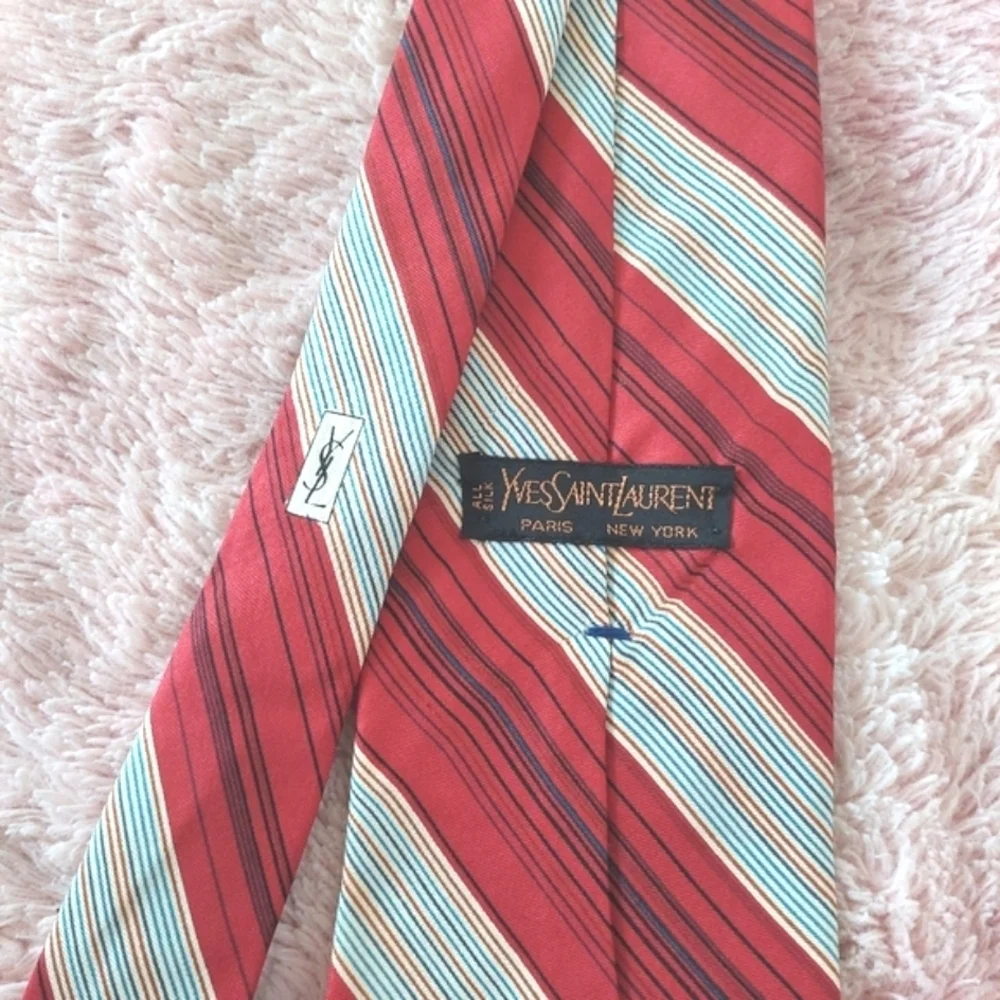 Yves‎ Saint Laurent Neck Tie In Red WithLight Blue Stripes Silk